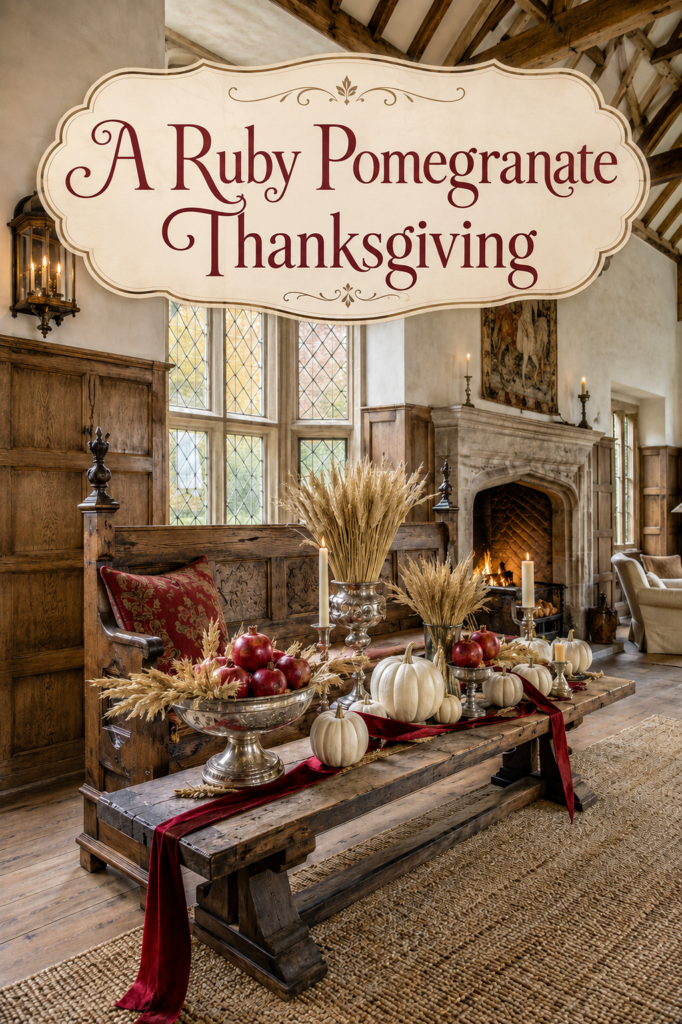Ruby Pomegranate Thanksgiving above an old world harvest display with white pumpkins wheat and crimson velvet ribbon