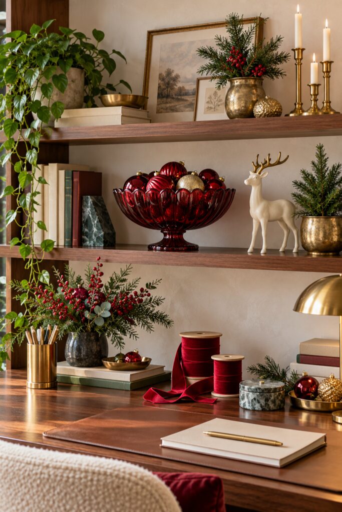 Christmas shelves with ruby glass ornament bowl ivory reindeer gold candlesticks and evergreen berry arrangements
