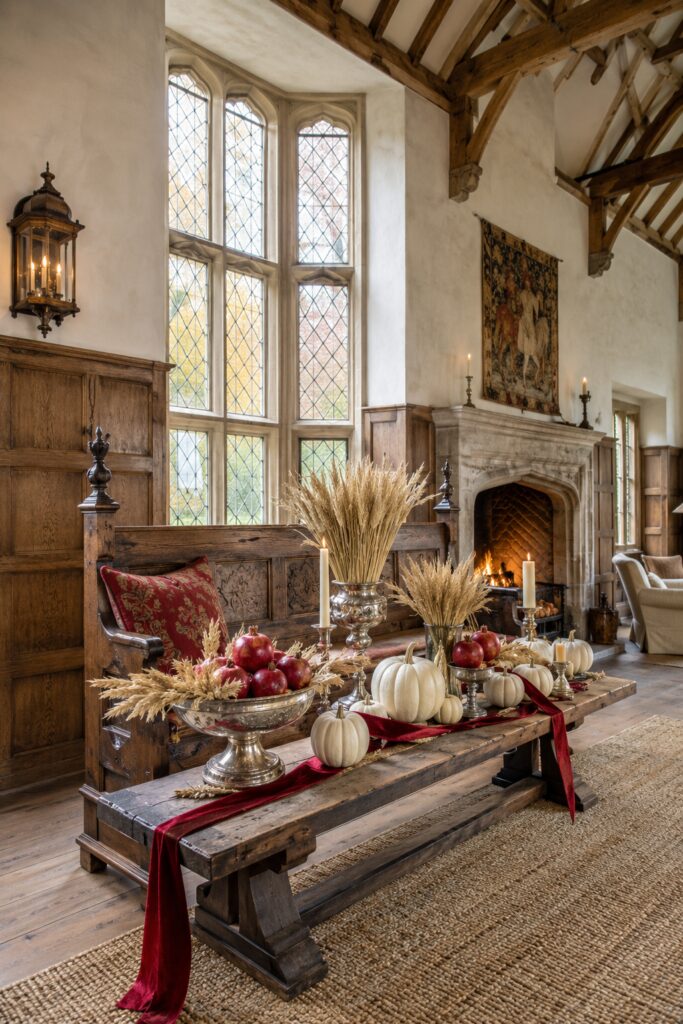 Thanksgiving great hall with ruby pomegranates ivory pumpkins wheat silver bowls velvet ribbon and a glowing stone fireplace