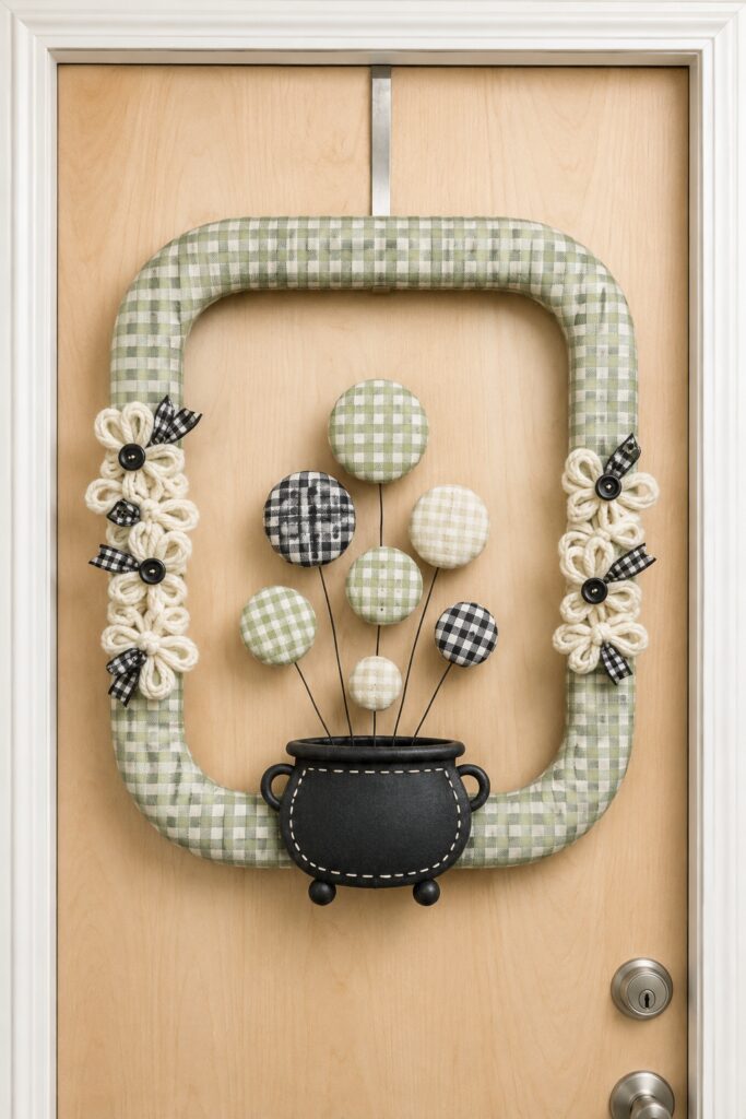 Sage gingham Halloween wreath on a pale wood door with a black stitched cauldron seven fabric bubbles and cream yarn flowers