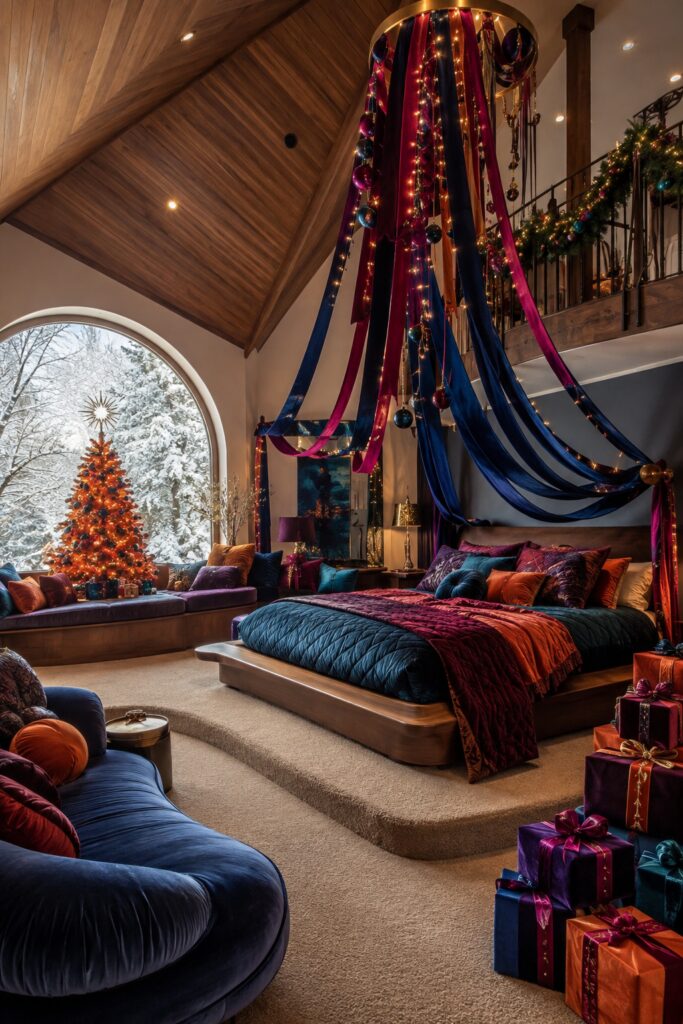 Christmas bedroom with sapphire and burgundy ribbon canopy teal bedding velvet cushions and a glowing tree beside a snowy arched window