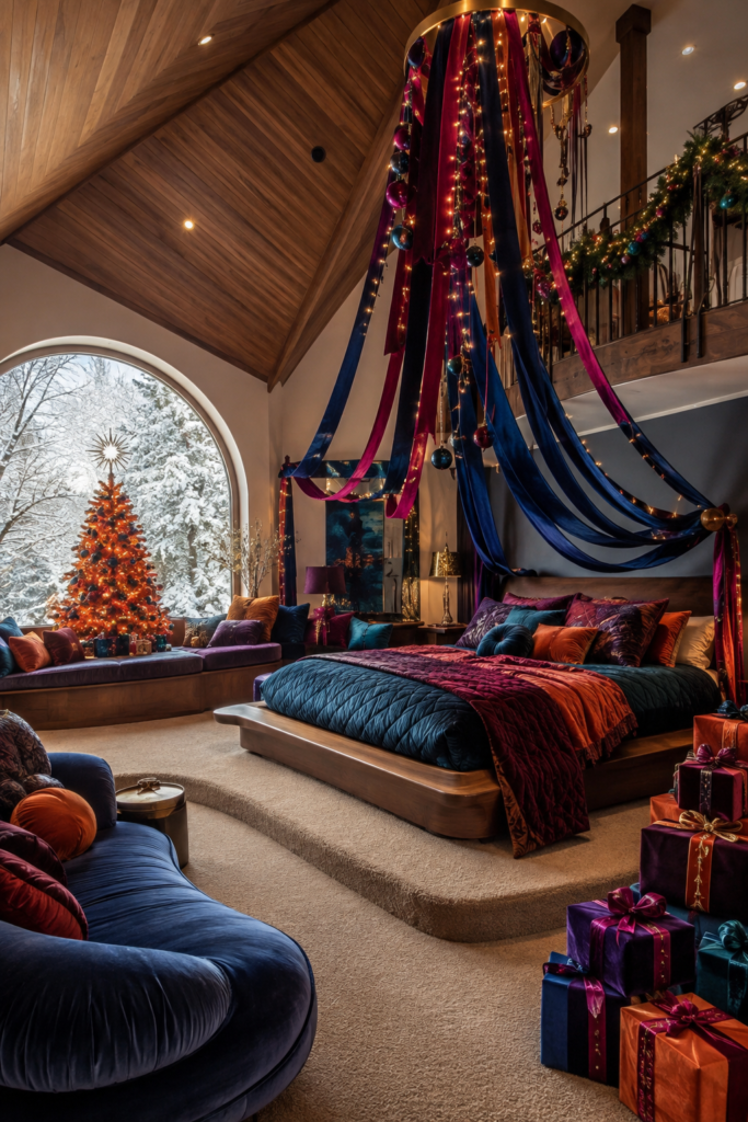 Christmas bedroom with sapphire and burgundy ribbon canopy teal bedding velvet cushions and a glowing tree beside a snowy arched window