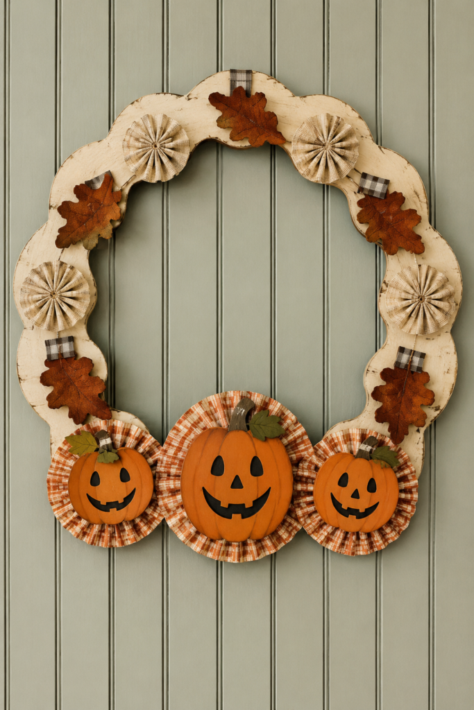 Cream scalloped Halloween wreath with three smiling orange pumpkins gingham rosettes and rust oak leaves on a sage beadboard door