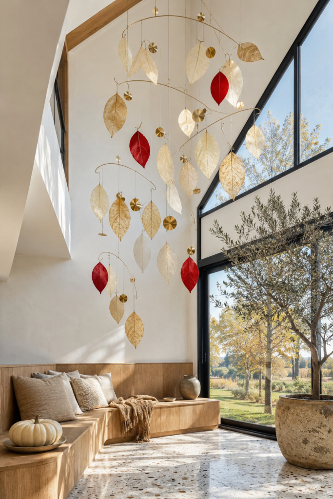Modern fall garden room with a cascading mobile of scarlet ivory and gold leaves above a pale wood window bench