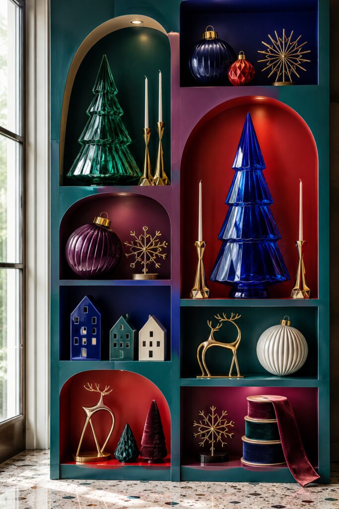 Teal Christmas display cabinet with red navy and plum niches holding glass trees gold reindeer snowflakes ribbed baubles and velvet ribbon