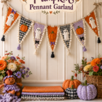 DIY sewn fabric pennant Halloween garland with alternating ghosts and pumpkins on purple polka dot and black and white gingham backgrounds
