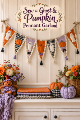 DIY sewn fabric pennant Halloween garland with alternating ghosts and pumpkins on purple polka dot and black and white gingham backgrounds