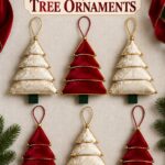 post banner says sew layered tree ornaments and shows six fabric Christmas trees in all red and all white with loops for hanging