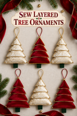 post banner says sew layered tree ornaments and shows six fabric Christmas trees in all red and all white with loops for hanging
