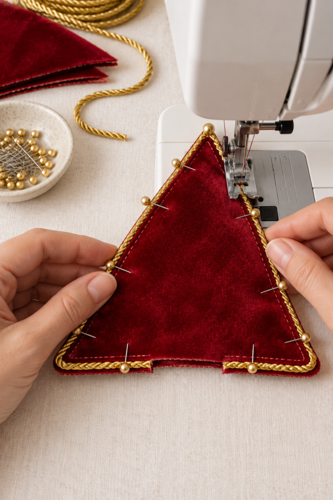 red fabric triangle with gold trim being sewn along the edges