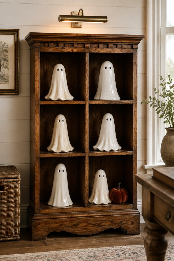 Six ivory ceramic ghosts displayed in a dark wooden cubby cabinet beneath a brass picture light with a rust velvet pumpkin on the bottom shelf