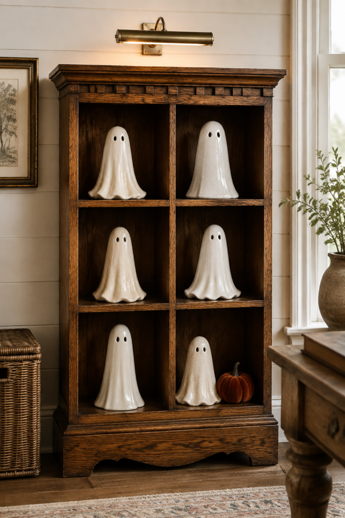 Six ivory ceramic ghosts displayed in a dark wooden cubby cabinet beneath a brass picture light with a rust velvet pumpkin on the bottom shelf