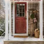 Snow covered cottage entry with a decorated vintage sled beneath text reading Sleds and Mittens A Cottage Christmas Welcome