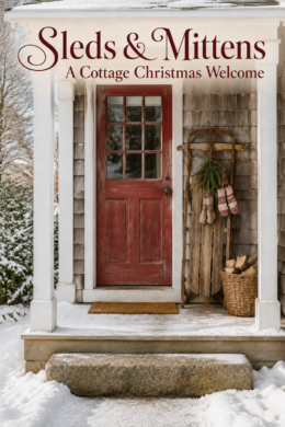 Snow covered cottage entry with a decorated vintage sled beneath text reading Sleds and Mittens A Cottage Christmas Welcome