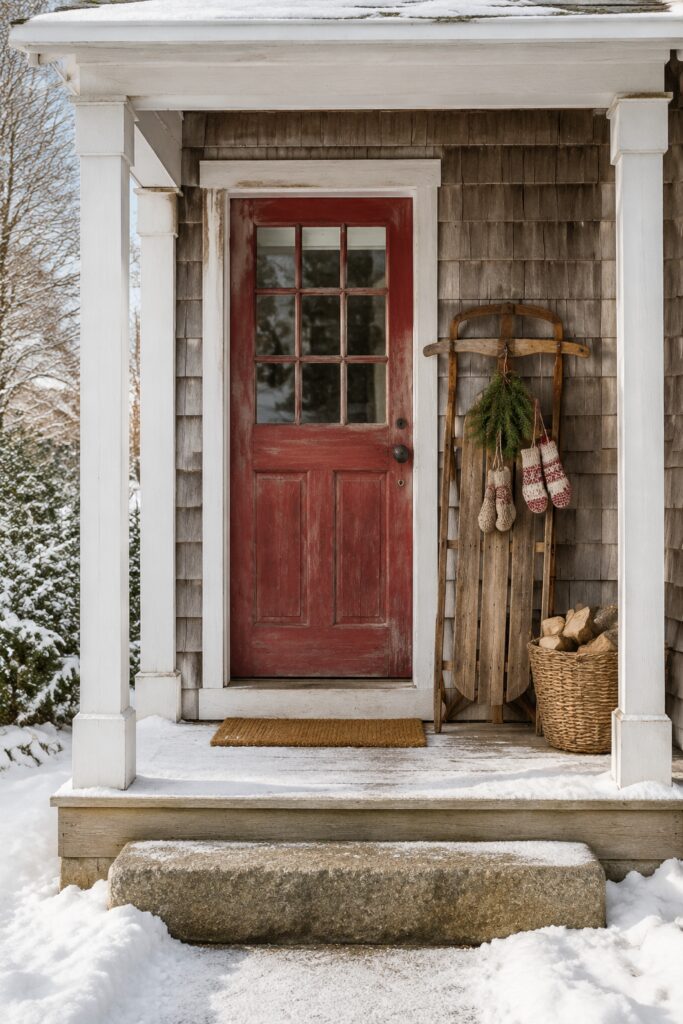 Wooden sled with evergreen sprigs and red and cream knitted mittens beside a red cottage door and woven log basket on a snowy Christmas porch