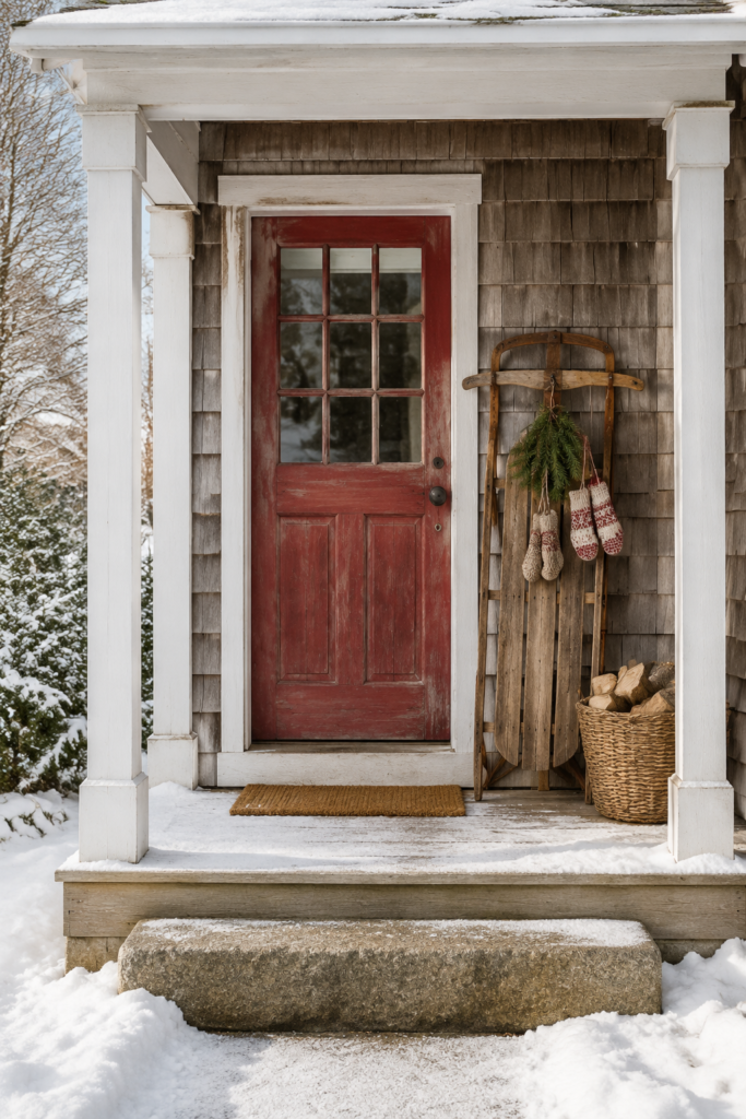 Wooden sled with evergreen sprigs and red and cream knitted mittens beside a red cottage door and woven log basket on a snowy Christmas porch