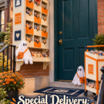 Special delivery Halloween treats display with sealed candy parcels and a rolling ghost mail cart