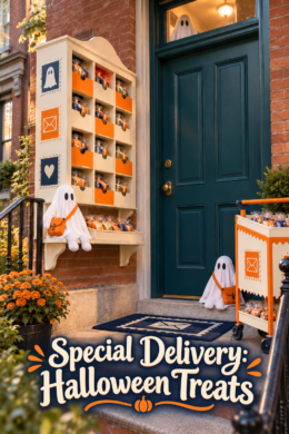 Special delivery Halloween treats display with sealed candy parcels and a rolling ghost mail cart