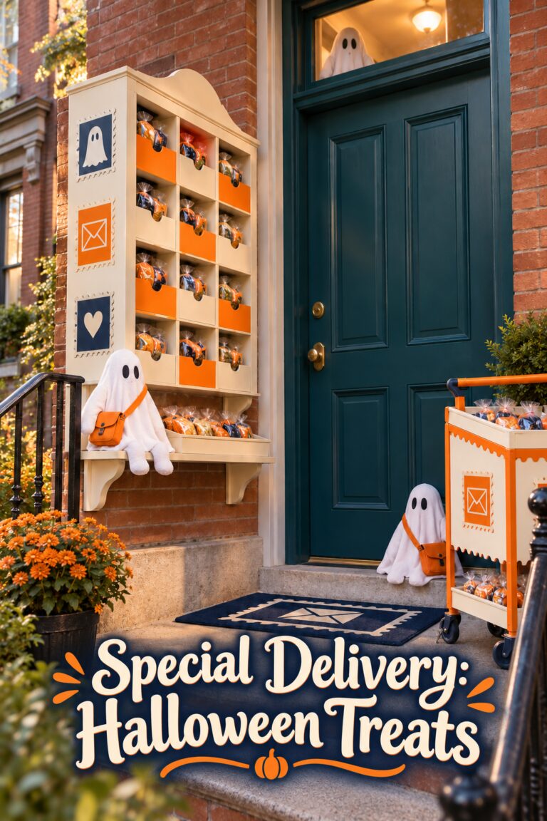 Special delivery Halloween treats display with sealed candy parcels and a rolling ghost mail cart