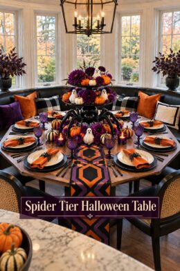 Spider Tier Halloween Table title beneath an octagonal table with purple goblets and a spider centerpiece