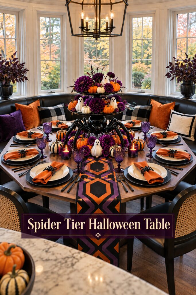 Spider Tier Halloween Table title beneath an octagonal table with purple goblets and a spider centerpiece