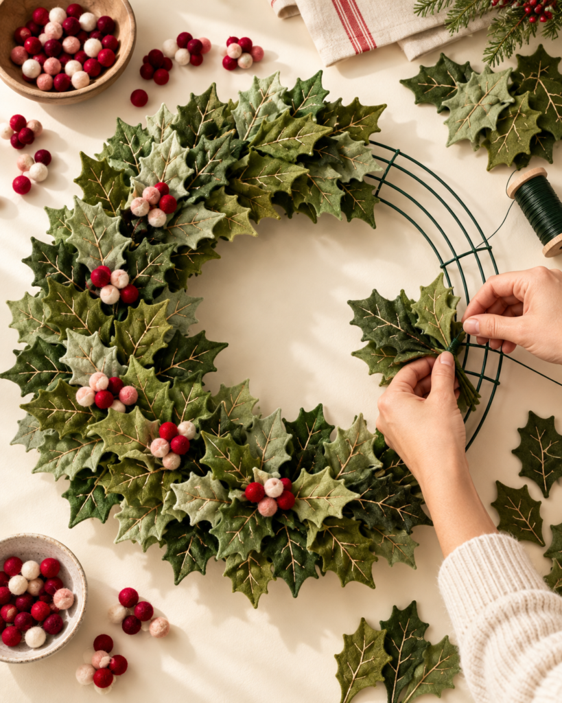 securing felt leaves to wreath frame with floral wire