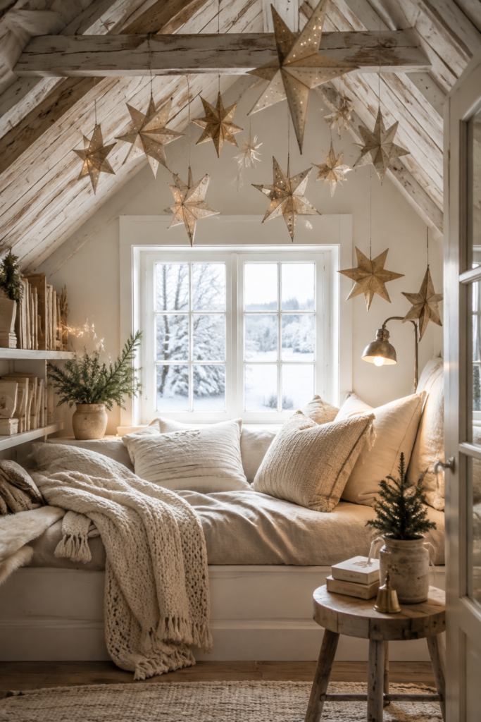 Christmas attic reading nook with hanging gold stars a cream window seat knitted blankets small evergreens and a brass lamp beneath whitewashed rafters