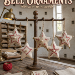 Stuffed oatmeal linen ornaments with red detail and pearl trim