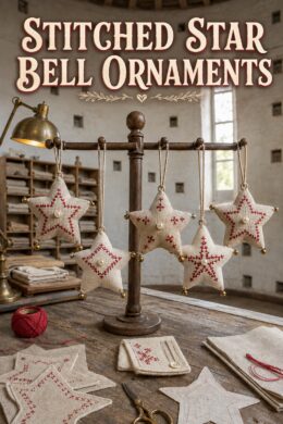 Stuffed oatmeal linen ornaments with red detail and pearl trim