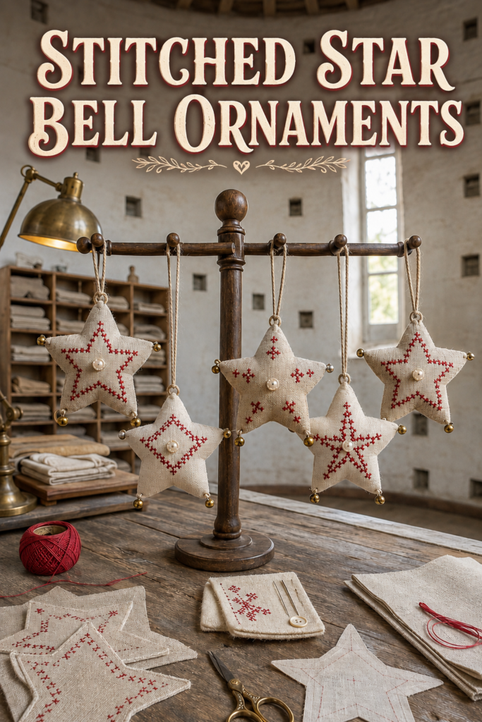 Oatmeal colored fabric star ornaments with red cross stitch and pearl detail with hanging twine