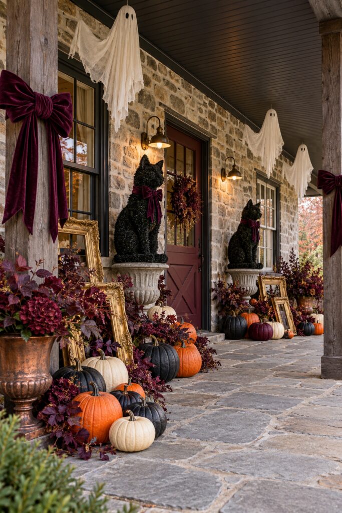 Stone farmhouse Halloween porch with black cat topiaries hanging ghosts oxblood door and colorful pumpkin clusters
