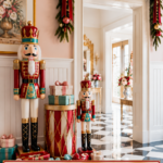 Storybook nutcracker Christmas entrance with drum pastel presents and framed holiday headline