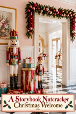 Storybook nutcracker Christmas entrance with drum pastel presents and framed holiday headline