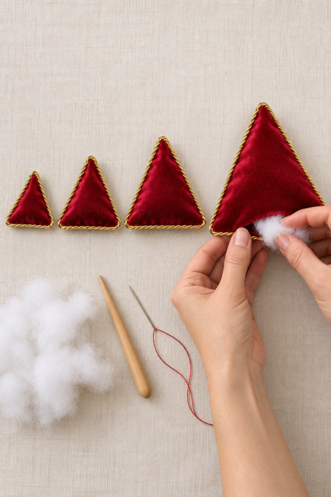 pair of hands putting stuffing into a red fabric triangle with graduated smaller triangles nearby