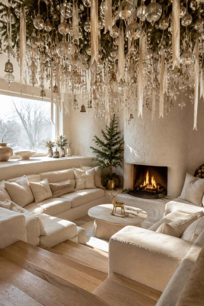 Champagne ornaments ivory ribbons and gold bells hang from evergreen foliage above cream seating in a sunken Christmas room with a plaster fireplace