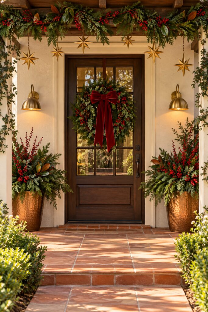 Christmas front porch with red velvet bow wreath copper evergreen planters garland and hanging gold stars