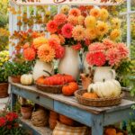 autumn garden display with dahlias pumpkins and A Harvest Bench in Bloom headline