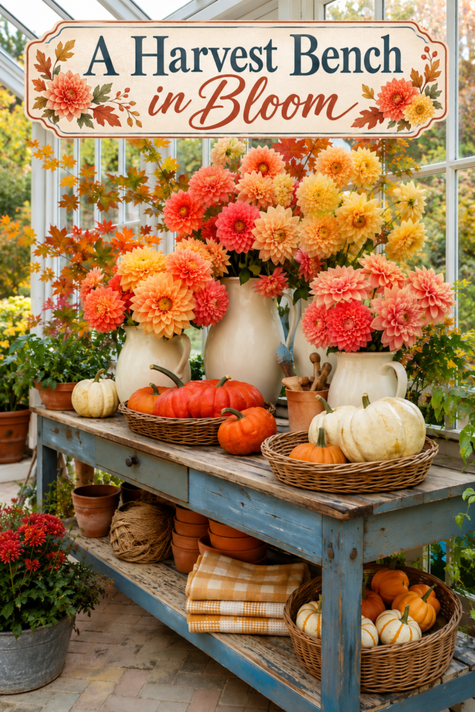 autumn garden display with dahlias pumpkins and A Harvest Bench in Bloom headline