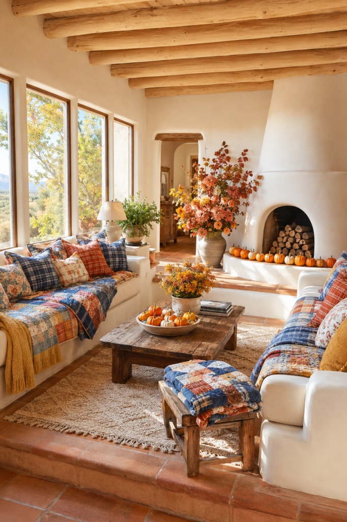 autumn living room with patchwork quilts rounded plaster hearth and miniature pumpkins