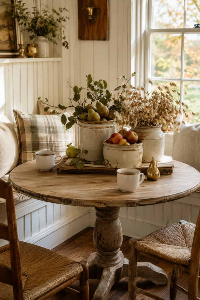 Sunlit fall breakfast nook with stoneware crocks of pears apples and dried stems on a round wooden table beside a plaid cushioned bench