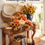 Thanksgiving entryway display with sunflower cornucopia and welcoming headline