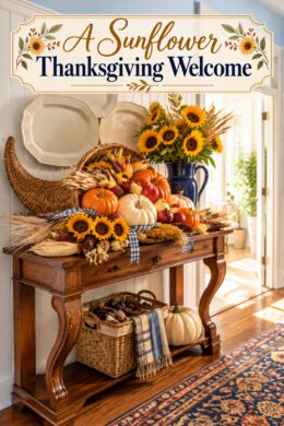 Thanksgiving entryway display with sunflower cornucopia and welcoming headline