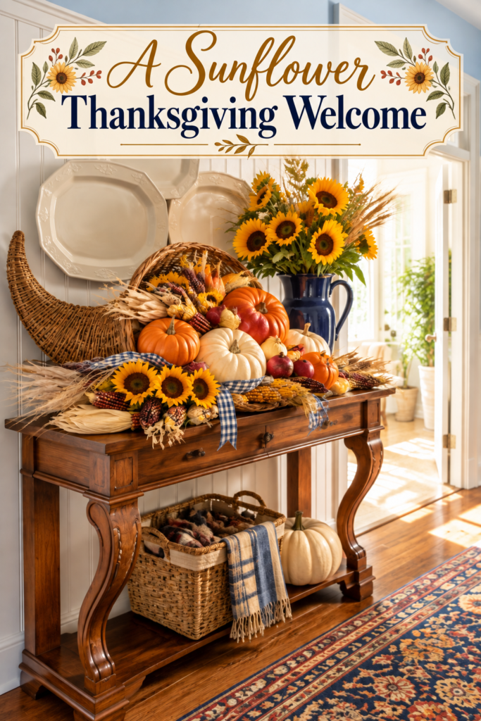 Thanksgiving entryway display with sunflower cornucopia and welcoming headline