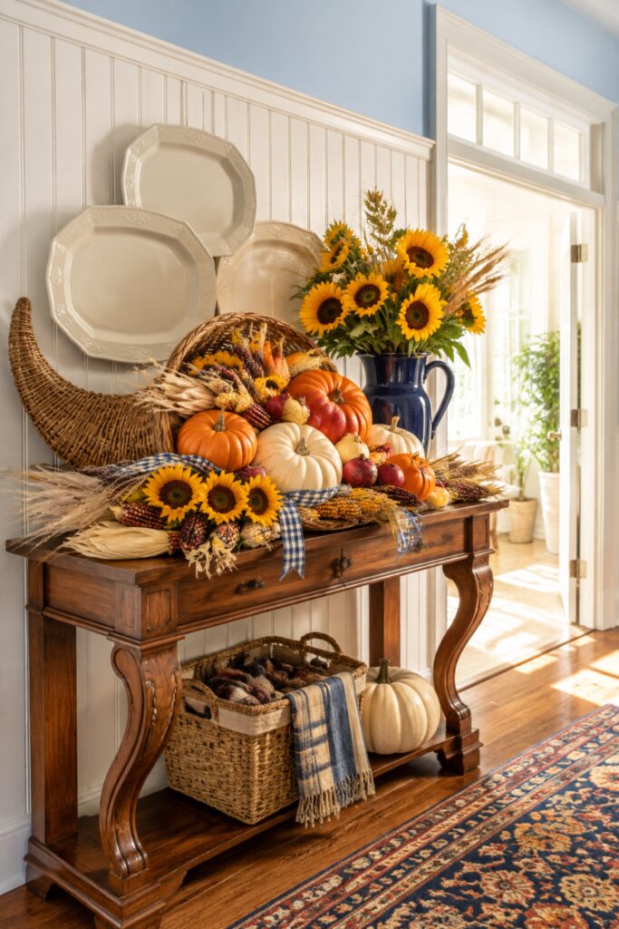 sunflower cornucopia console with pumpkins wheat and navy accents for Thanksgiving