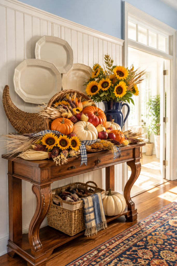 sunflower cornucopia console with pumpkins wheat and navy accents for Thanksgiving