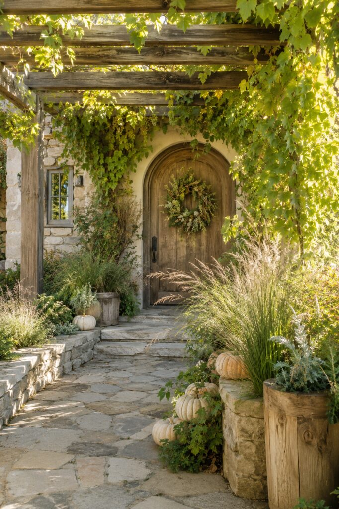 Vine covered wooden pergola frames a fall garden entry with an arched door leafy wreath pale pumpkins feathery grasses and rustic planters beside a stone path