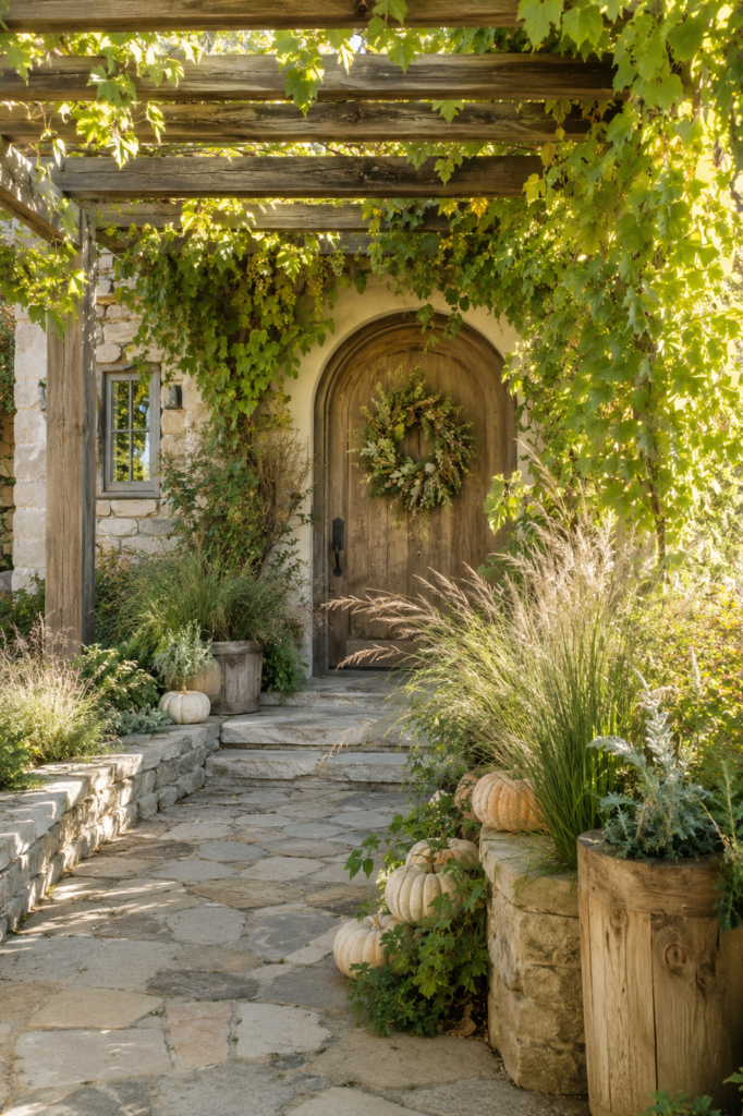 Vine covered wooden pergola frames a fall garden entry with an arched door leafy wreath pale pumpkins feathery grasses and rustic planters beside a stone path