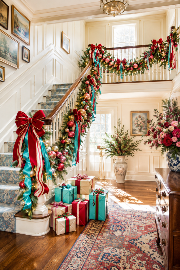 Christmas staircase with ribbon garland oversized ornaments and wrapped presents