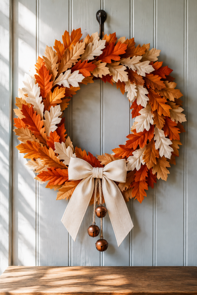 Sunlit storybook autumn wreath with silk leaves and bells