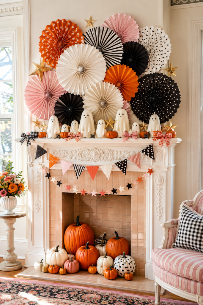 paper fan Halloween mantel with friendly ghost parade patterned garlands and pumpkins